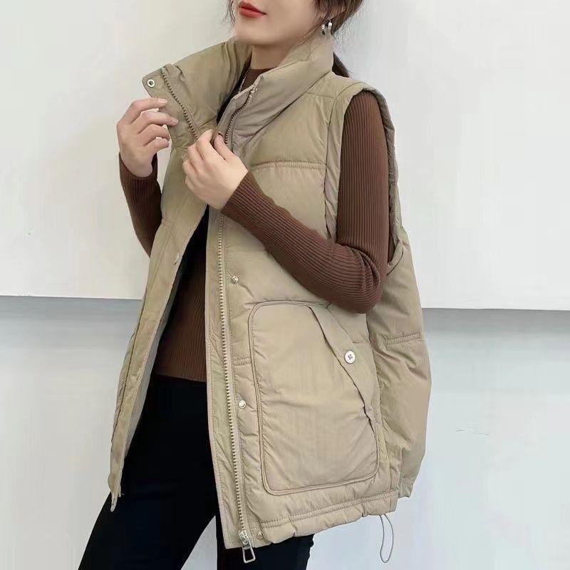 Women's Fall Down-Filled Cotton Vest: Versatile Outerwear with Large Pockets, Solid Color, Sleeveless Jacket