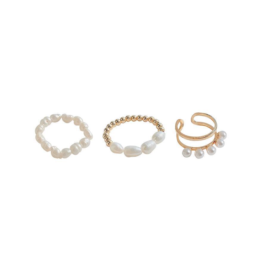 Dongdaemun Irregular Pearl Circle Three-Piece Ring Set for Women