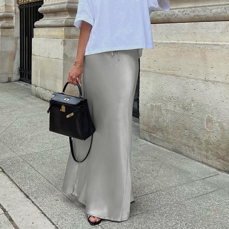 Matte Satin Mermaid Skirt Women French Style Tie Waist Long Length Office Wear