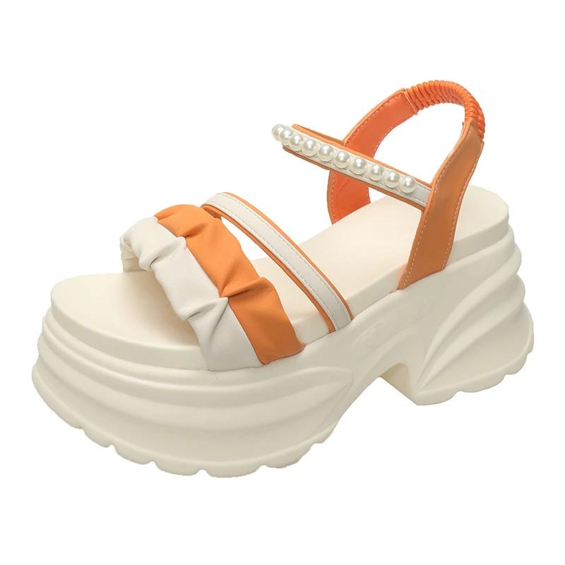Fashion 8CM Summer Casual High Platform Sandals Women Buckle Strap Slippers Thick Bottom Pearl Sandalias Woman Chunky Casual Shoes Mujer