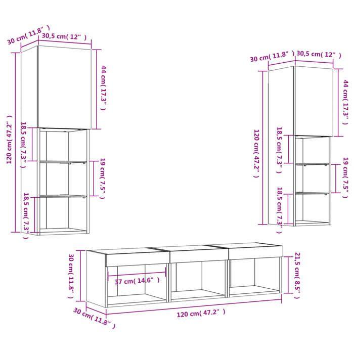 VidaXL TV Wall Units with LED 5 Pcs, Hanging TV Cabinets, Living Room TV Furniture, Modern, White Wood 3216604