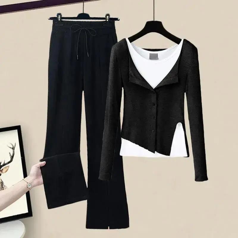 Women's Suit Spring and Autumn Gray Fake Two-piece Blouse, Bottoming Shirt, Split Wide-leg Casual Pants, Three-piece Suit for Women