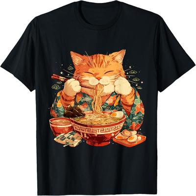 Japanse Kunst Ramen Kat Ninja Ukiyo-e Anime Stijl Samurai Kat T-shirt(1)