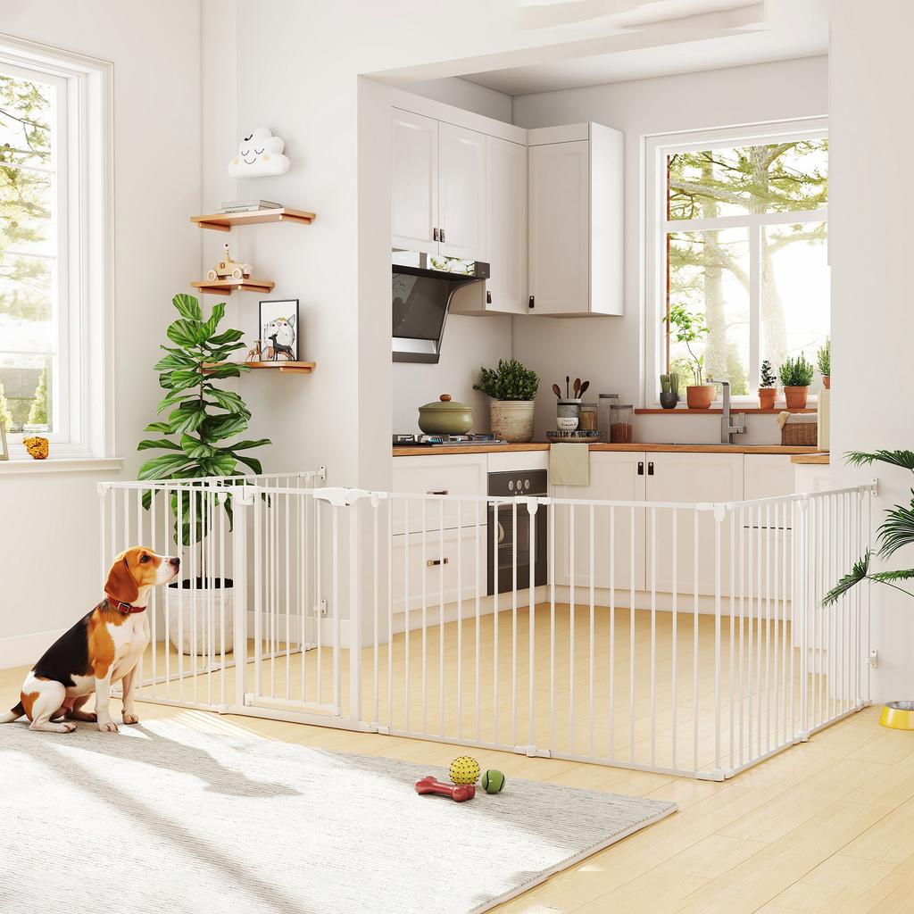 Foldable Dog Gate, 8-Panel Pet Fence, Double-Locking, White