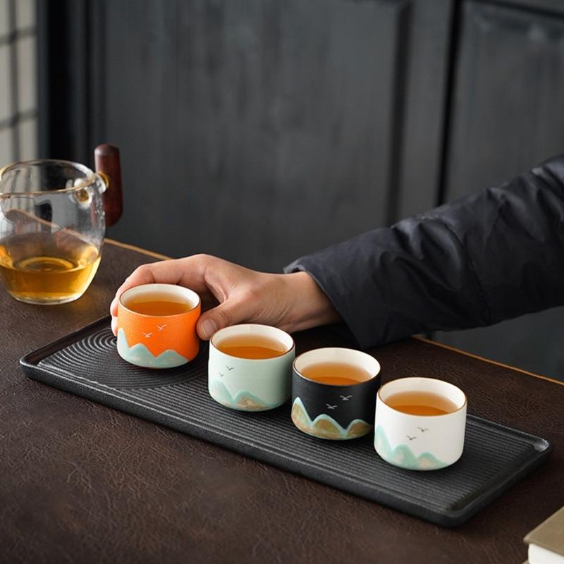 Mountain View Tea Cup, Japanese Chinese Cup Sake Set, Mountain View Bird Pattern Black Tea Cup Set (five Pieces), Compact