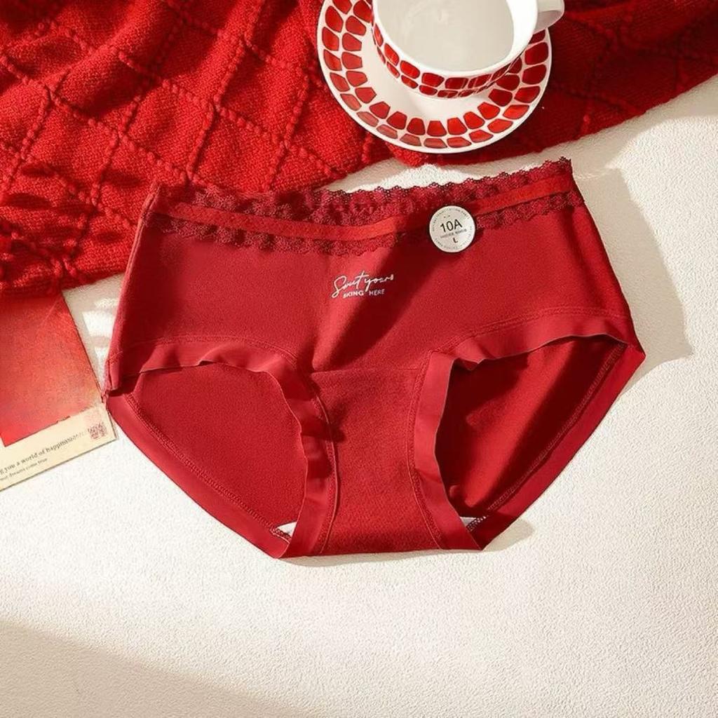 Female Spring and Autumn Year Marriage Red Skin Friendly 10A Antibacterial Extension Crotch Non Trace Stretch Briefs
