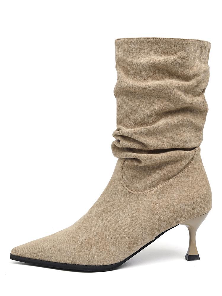 

Замшевые плиссированные сапоги с высоким острым каблуком, тонкие ботильоны, женские осенне-зимние ретро ботильоны на тонком каблуке средней высоты 41 хаки
