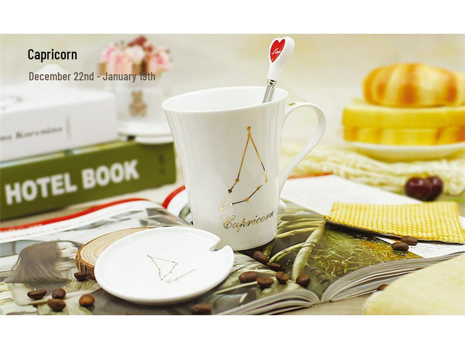 Tierkreiszeichen Keramiktassen-Set: Stilvolle Sternbild-Tasse für Zuhause, Paare, Kaffee und Tee, komplett mit Deckel und Löffel.