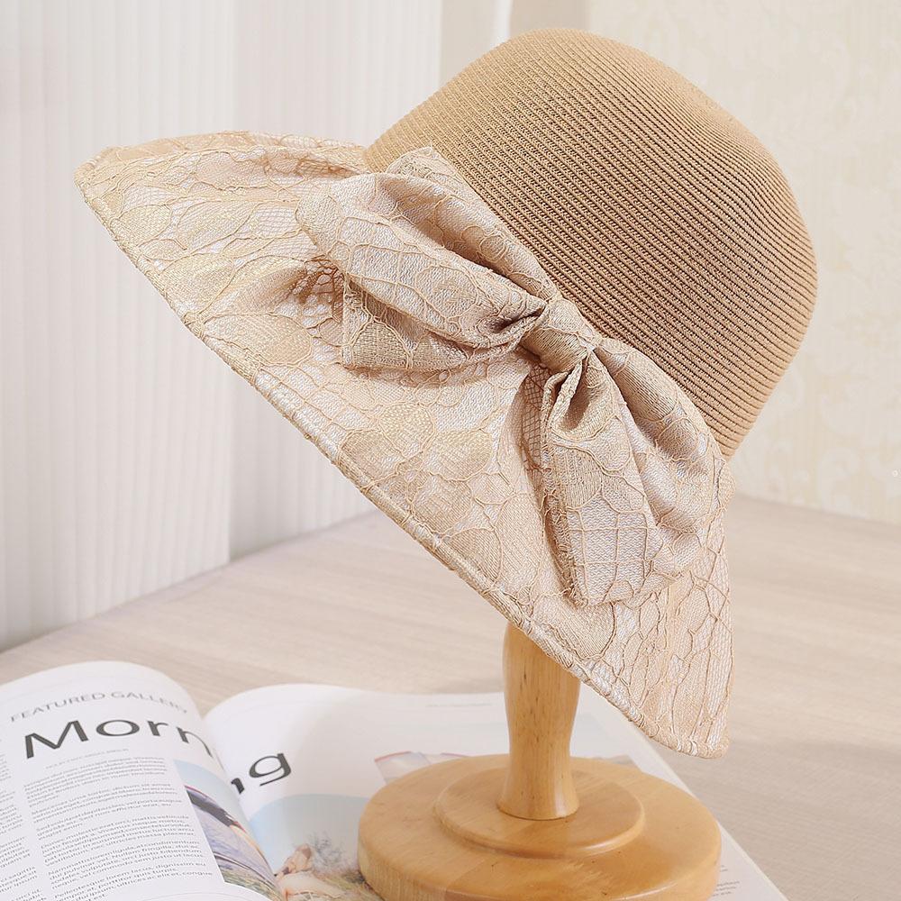 Big eaves sunshade summer fashion lace bow bucket hat women's simple and elegant sunscreen face covering straw sun hat