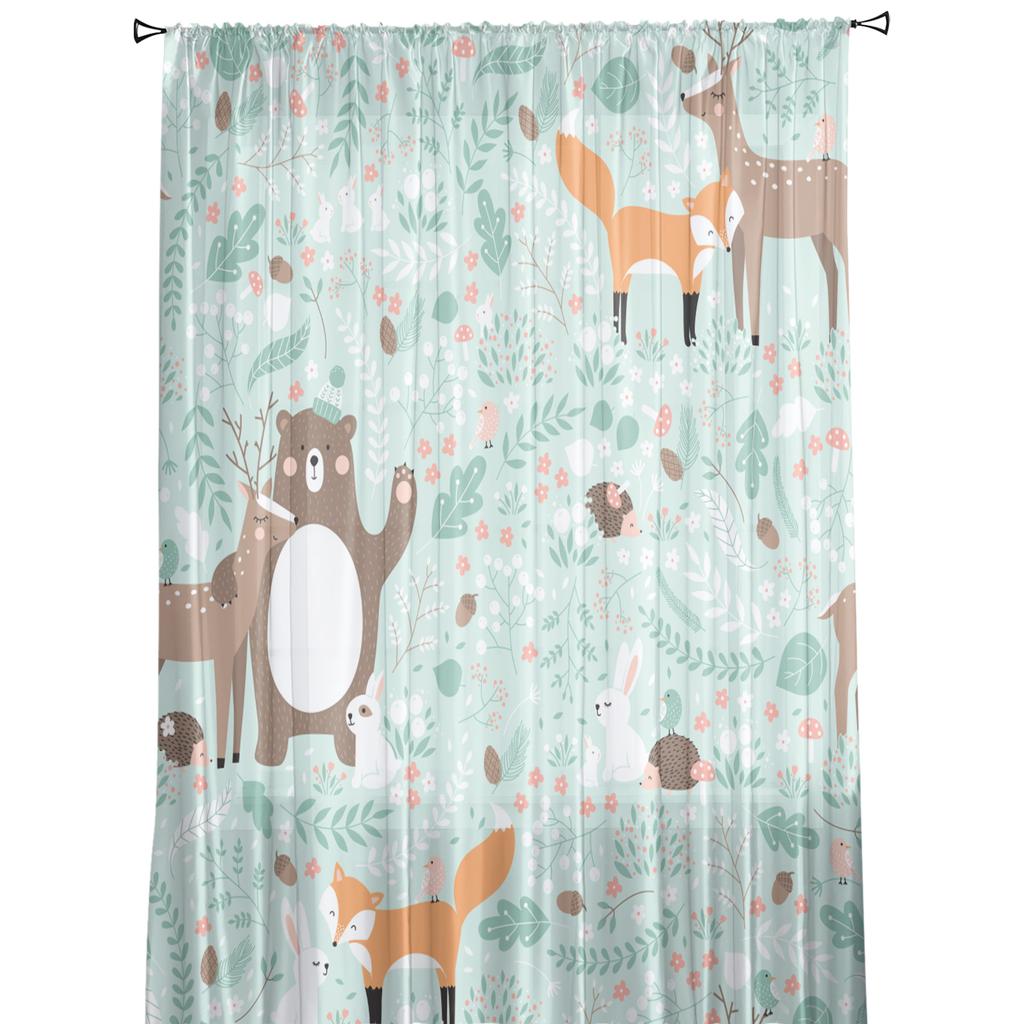 Forest Animal Cartoon Fox Deer Bear Tulle Sheer Window Curtains for Living Room Kitchen Children Bedroom Voile Hanging Curtain