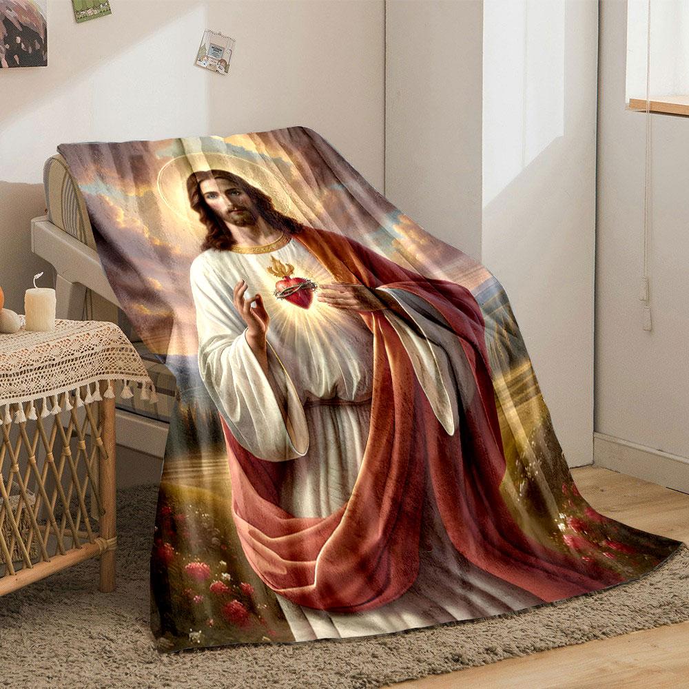 Sacred Heart Jesus Blanket  Printed Blanket for Living Room Bed Couch Lunch Break Soft Cozy Blanket for Friend's Festival Gift