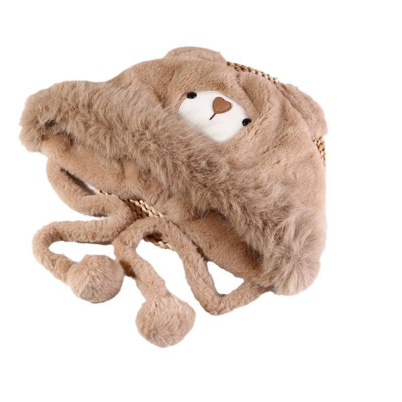 Cute Plush Gloves and Hats for Women  Autumn and Winter Ear Protecting Hats for Cycling To Keep Warm  Thickened Little Bear  Lei Feng Hat Trend
