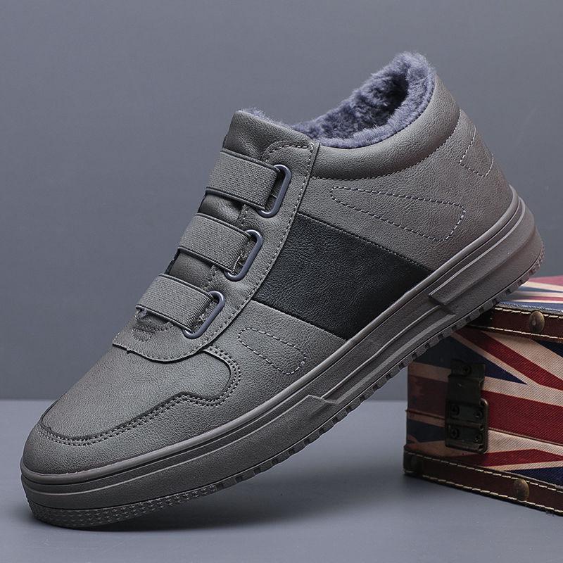 Men's Fleece-Lined Winter Slip-On Casual Leather Shoes - Korean Style, Non-Slip, Warm, Mid-Top Trendy Sneakers