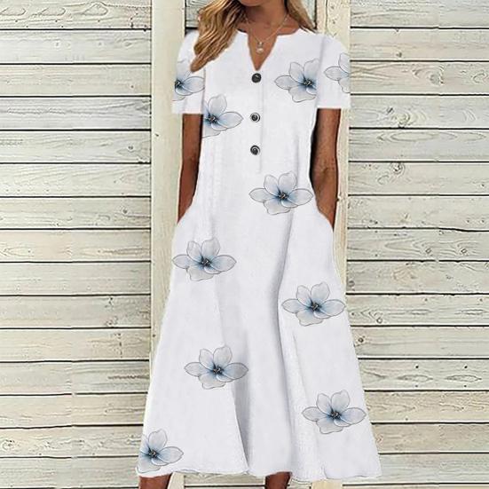 A Line Long T-Shirt Dress for Women Button Up V Neck Short