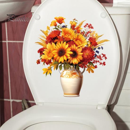 Self Adhesive Toilet Bowl Decals Flowers Cover Sticker Decals, Sunflower Waterproof Durable Seat Stickers Lid Tank Self-Adhesive Bathroom Wall