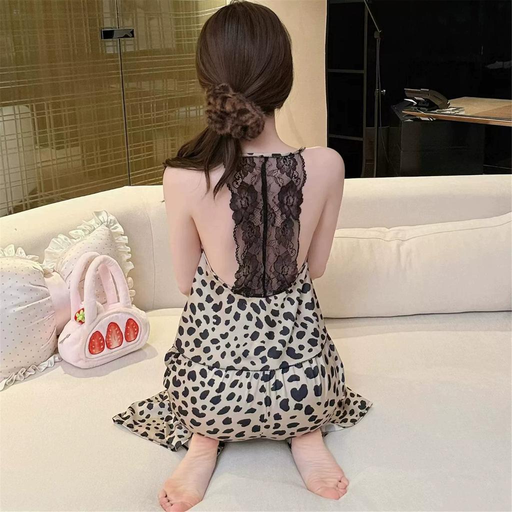 New French ice silk sexy leopard print V-neck pajamas women's summer casual thin suspender trousers loungewear set