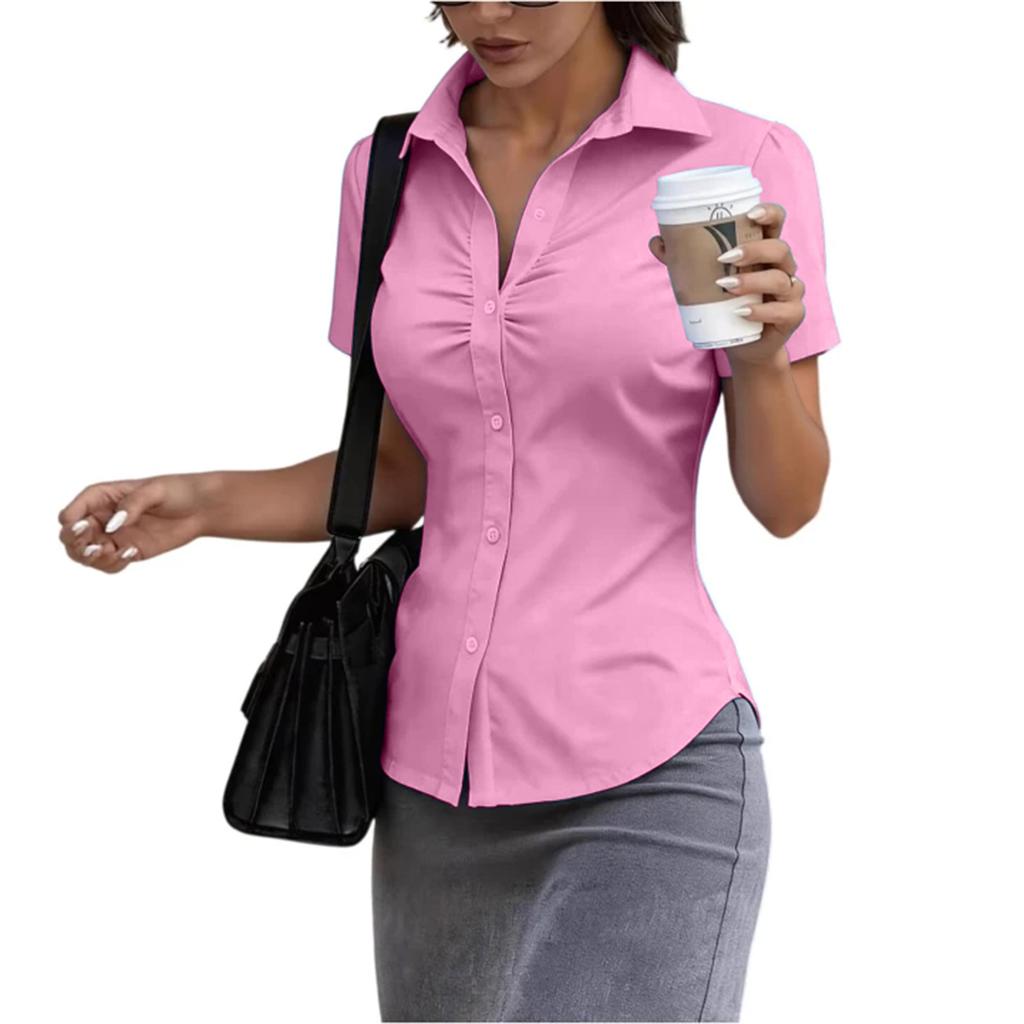 Women's Short Sleeve Button Down Shirt Slim Fit Collared Blouse Office Workwear Casual Top with Ruched Front Design