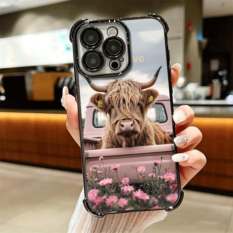Cute Highland Cow Plating Phone Case For Iphone 16 17 Pro Max Air 16E 14 15 Plus 12 13 Mini Anti-Fall Airabag Cover