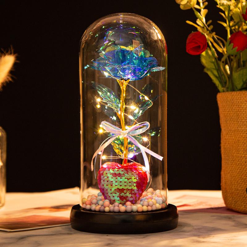 Love glass cover gold leaf flower ornament, Christmas and Valentine's Day creative gift, luminous simulated rose bouquet