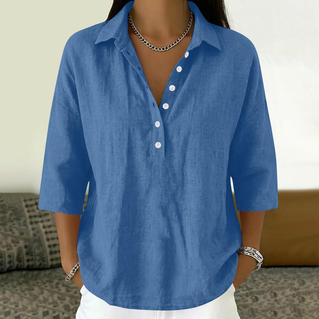 Damen 3/4 Ärmel Knopfleiste Hemdbluse V-Ausschnitt Elegant Lässig Sommerblusen Business Tops Arbeitshemden mit Kragen