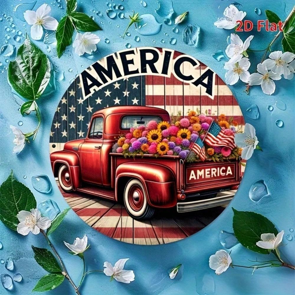 1pc Patriotic Red Truck Metal Sign with Floral Wreath, Round Wall Decor for Home Patio Garage Bar