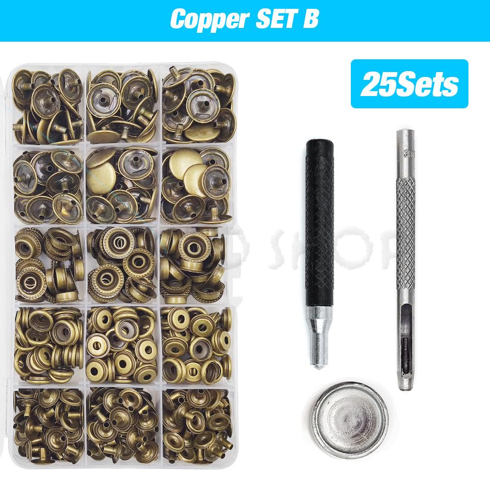 25Sets Metal Snaps Button Snap Fasteners Press Studs With 4 Installation Tools Kit For Clothes Garment Bags Shoes Leathercraft