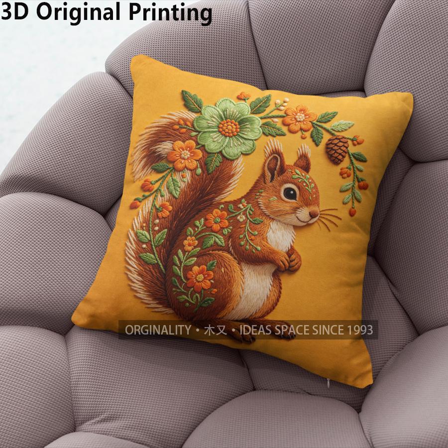 Embroidered Style Squirrel Floral Throw Pillow Covers Pattern Cushion Cover Suitable For Sofa Bedroom Car Pillow Cover