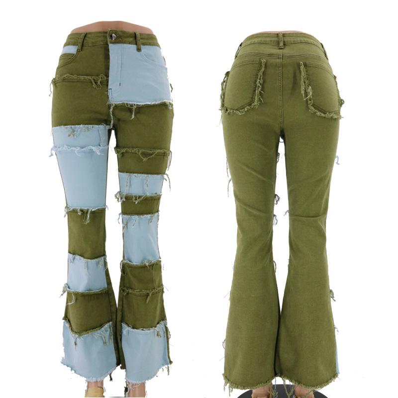 2025 Autumn Color Block Patchwork High Waist Flared Women's Denim Pants