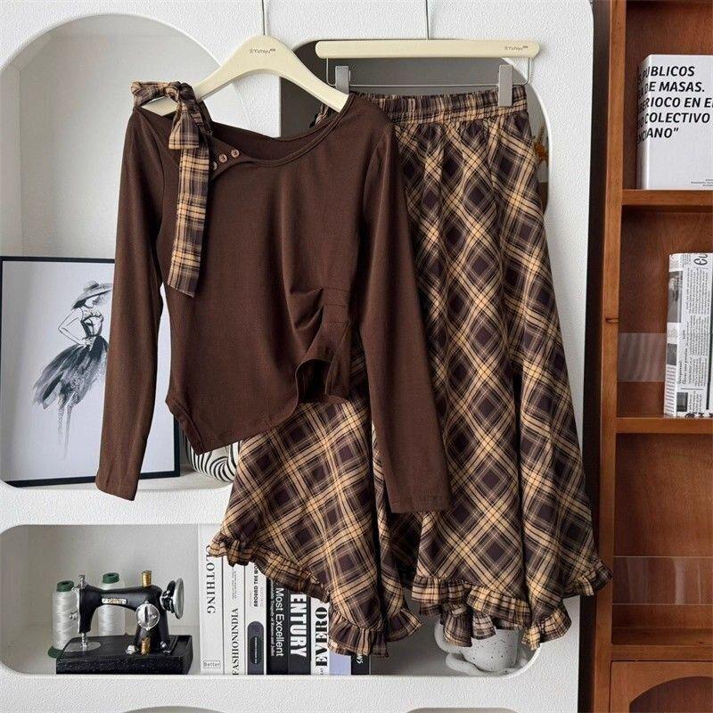 2025 Early Autumn Women's Casual Long-Sleeve T-Shirt & High-Waisted Plaid Skirt Set