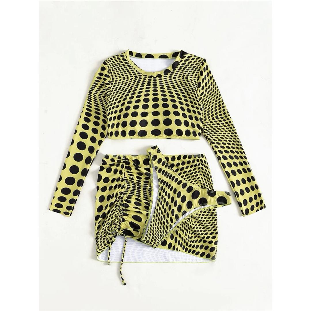 

Бикини в горошек с юбкой, женский купальник с длинными рукавами, женский купальник, комплект бикини из трех частей, купальный костюм для плавания M жёлтый