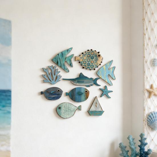 10Pcs Wooden Fish Wall Decoration School of Fish Beach Lake House Bathroom Wall Art Nautical Coastal Ocean Theme Hanging Ornament