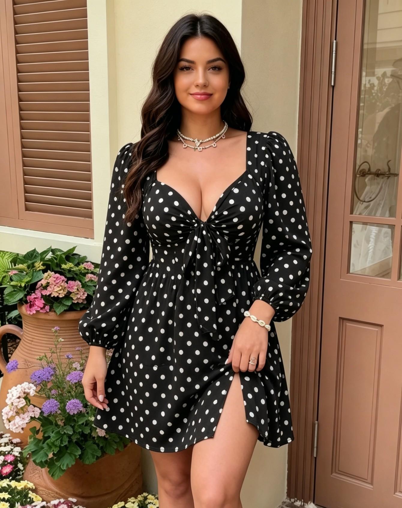 

European and American large size French polka dot temperament skirt, low neck kink long sleeve gentle wind dress OEM D 0XL