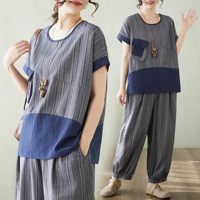 DIMANAF 2026 Pantaloni Taglie Forti Completi Donna Set Completi Vintage Top Larghi Camicie Pantaloni Lunghi Cotone Lino Casual Estivi