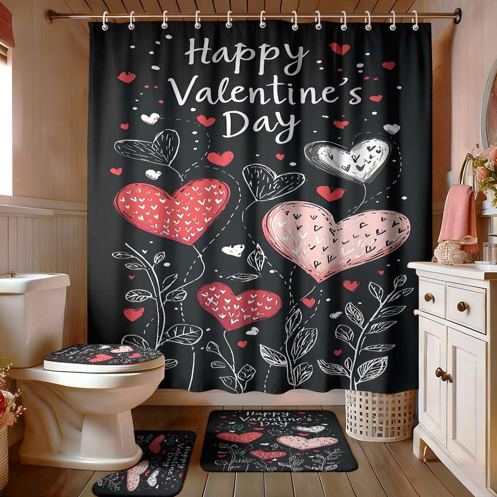 4 Stück Valentinstag Romantische Liebe Schwarz Bedrucktes Badezimmer-Set 180x180 Wasserdichter Duschvorhang Fußmatte U-förmige Toilettenmatte
