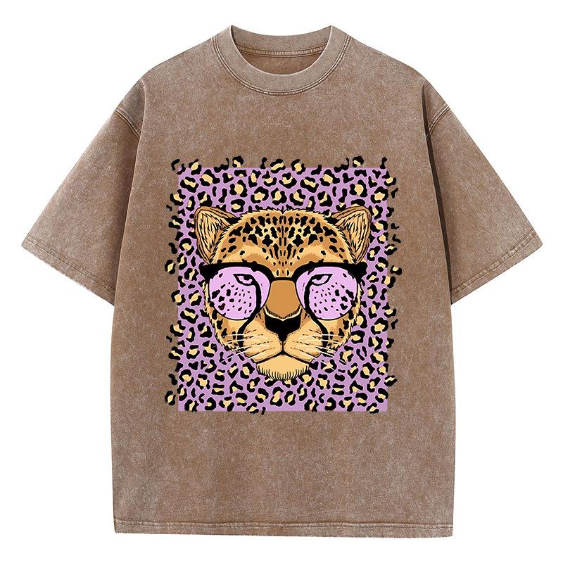 Vintage Womens Acid Wash T-Shirts Leopard Cartoons Printing