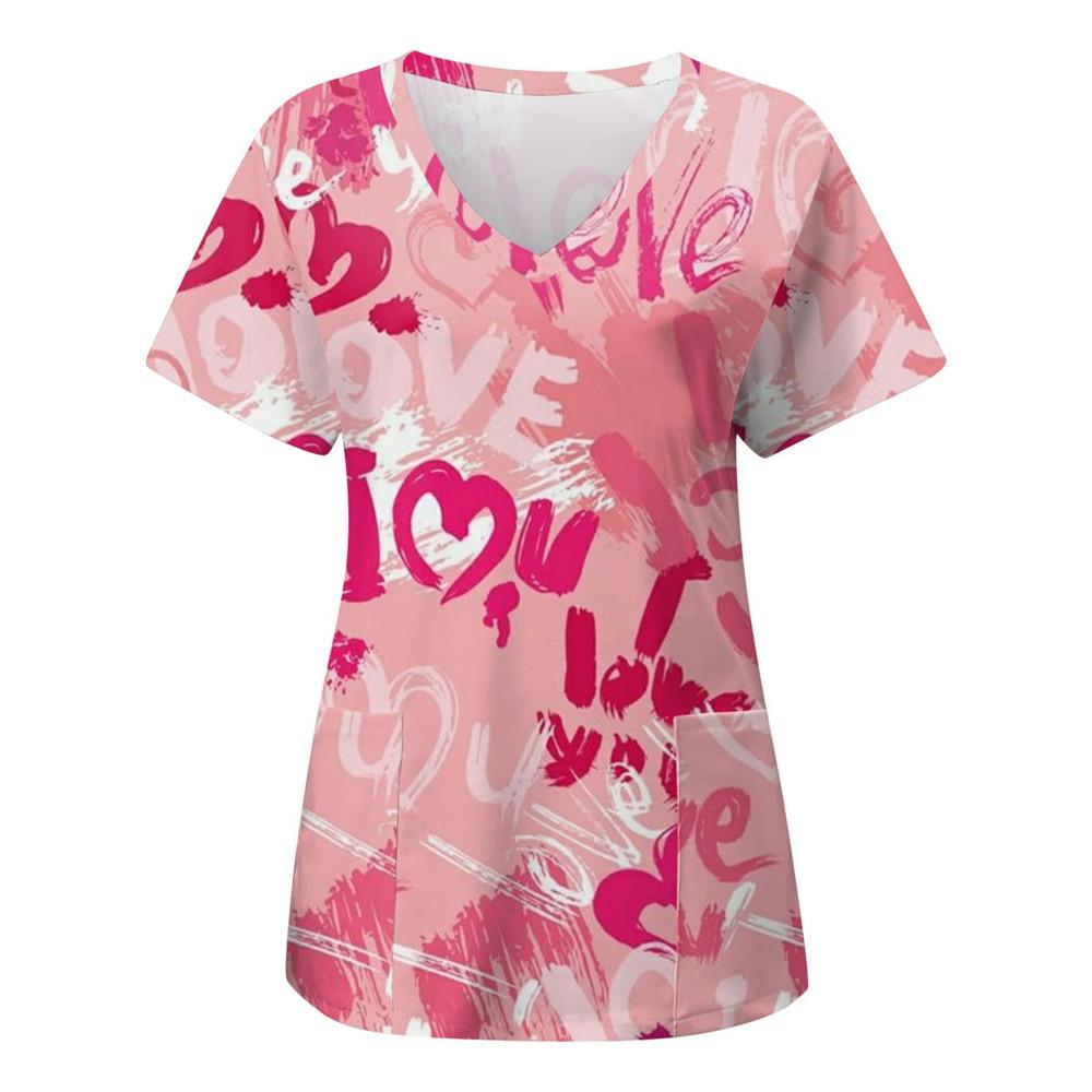 Women's T-shirt V-neck Nurse Uniform Casual Short Sleeved Women's Printed Heart T-shirt