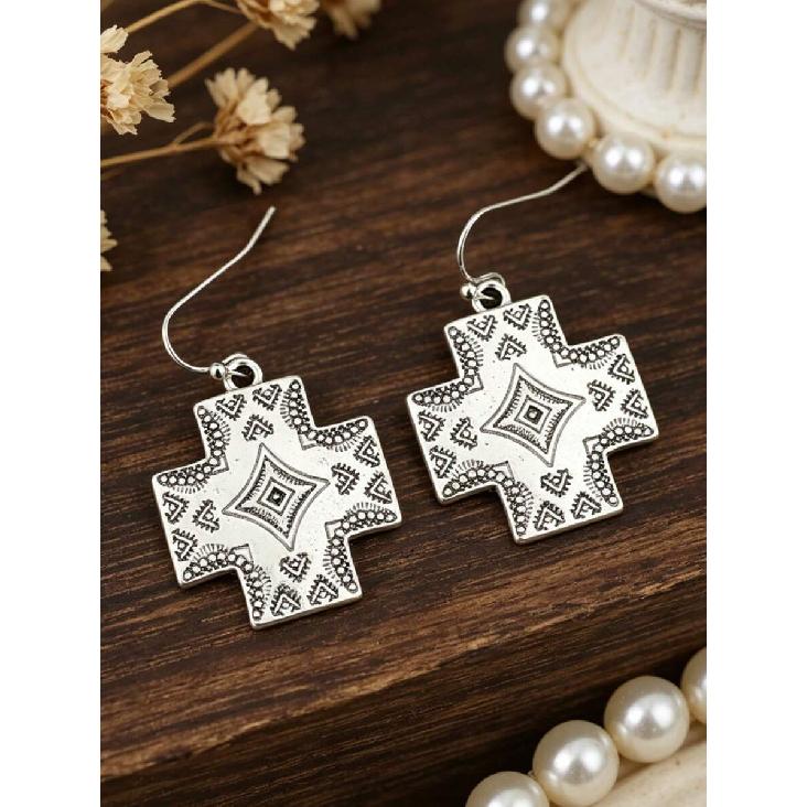 1 Pair Western Cross Geometric Totem Distressed Earrings, Vintage Personalized Minimalist Earrings