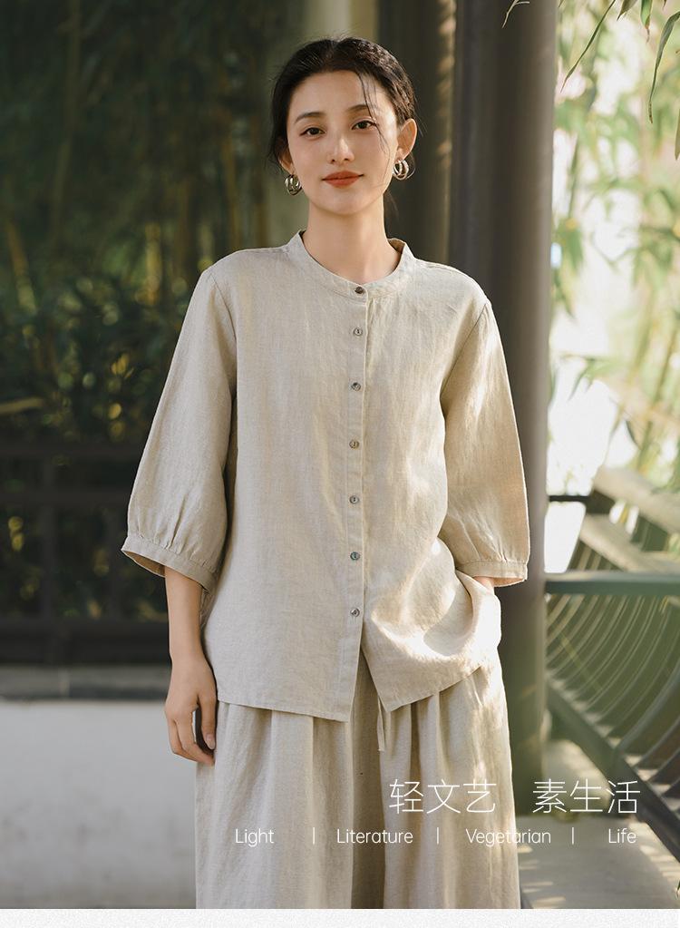 Deer and Andi summer new linen shirt women's seven-quarter-sleeved new Chinese high-end shirt loose cardigan top