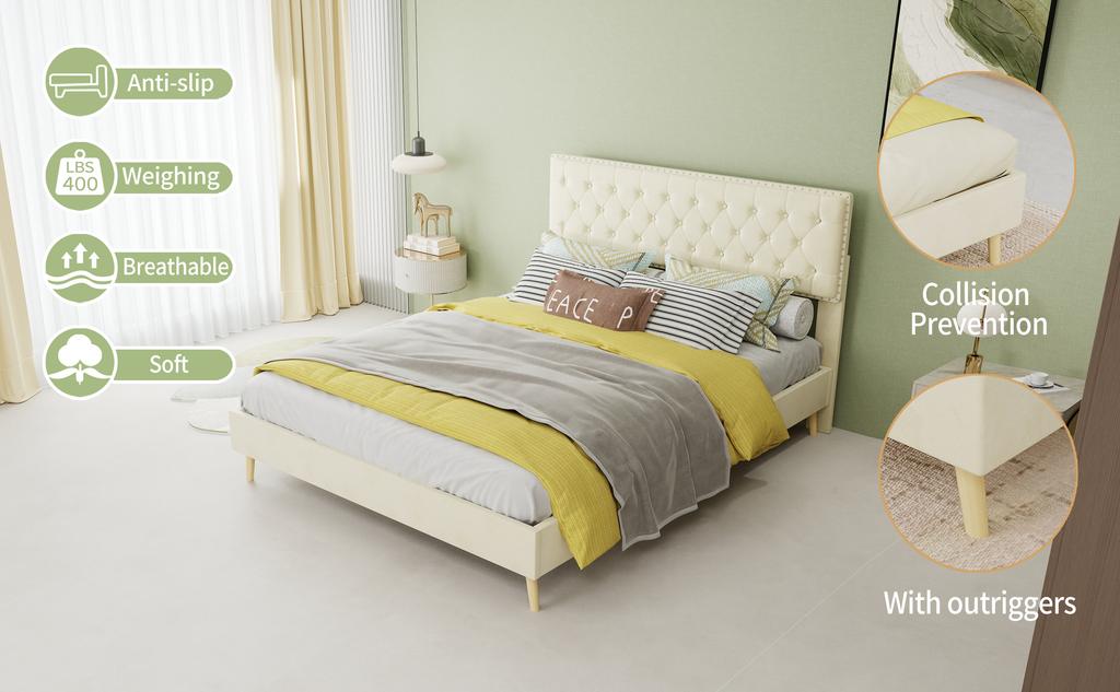 Modern minimalist soft bed, 140*200CM, beige, multifunctional bedroom furniture, low box bed frame without lifting rod, include140*200cm mattress.