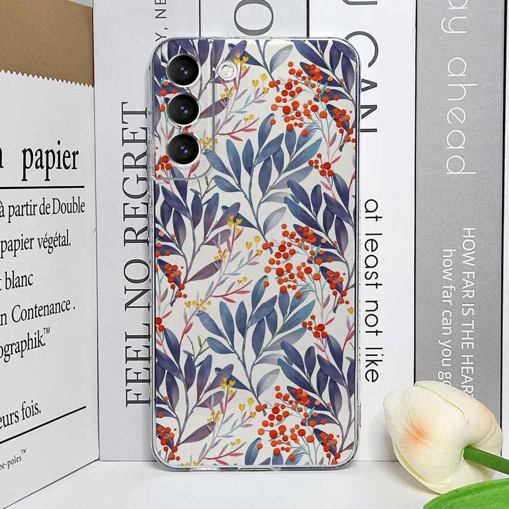 Floral Palm Leaf Flower Painted Phone Case for Samsung Galaxy S25 24 S23 S22 S21 Ultra Plus FE 5G Transparent Soft Cover Fundas