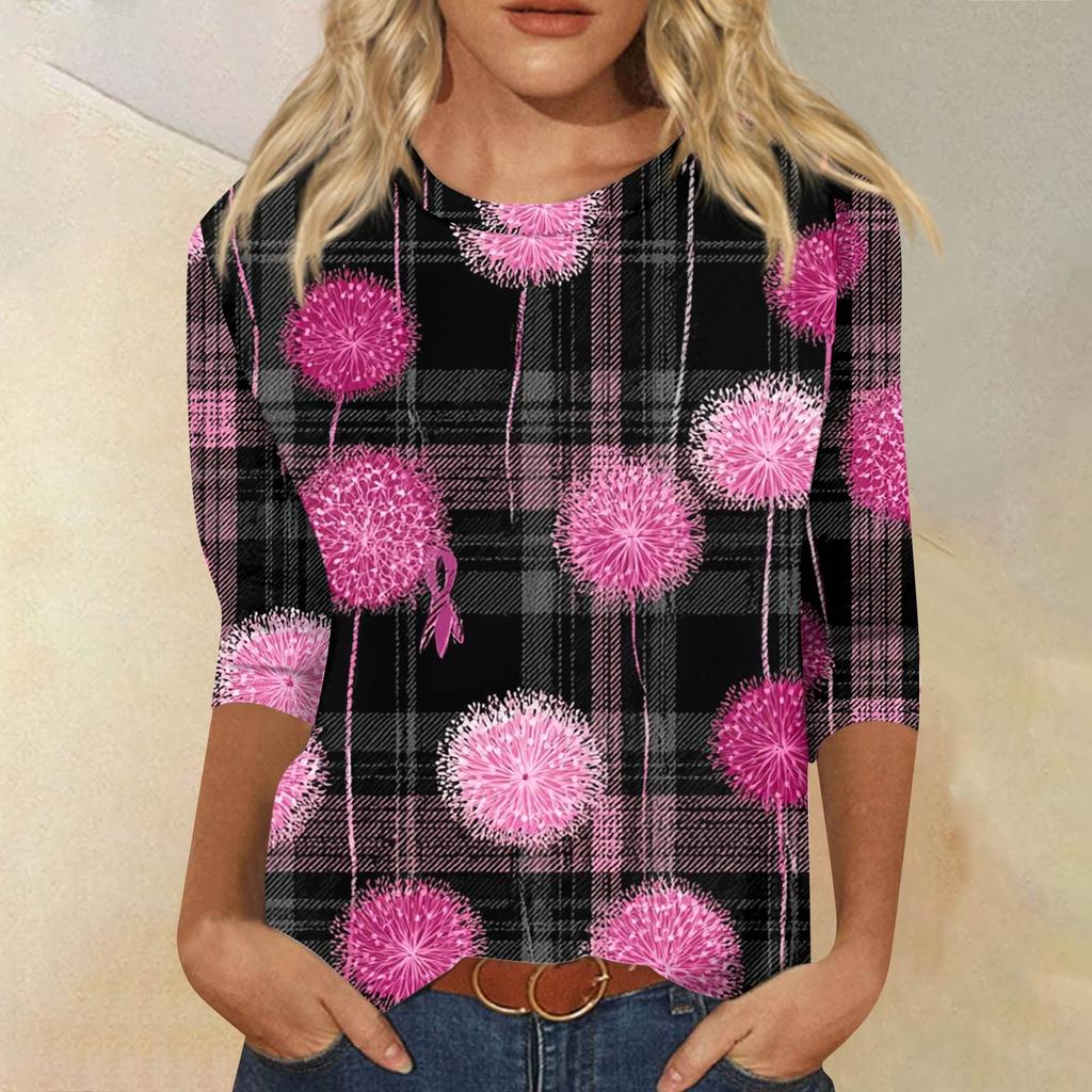 Women's Fashion Casual Seven Split Sleeve Printed Loose Round Neck Top