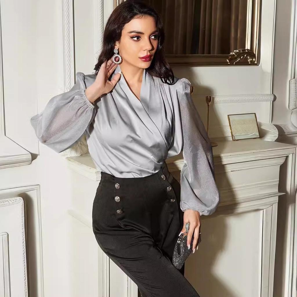 Blouses & Shirts - Fall Women's V-neck Patchwork Mesh Long Sleeve Elegant Blouse, Casual Fashion Top Women Daily Foreign Trade