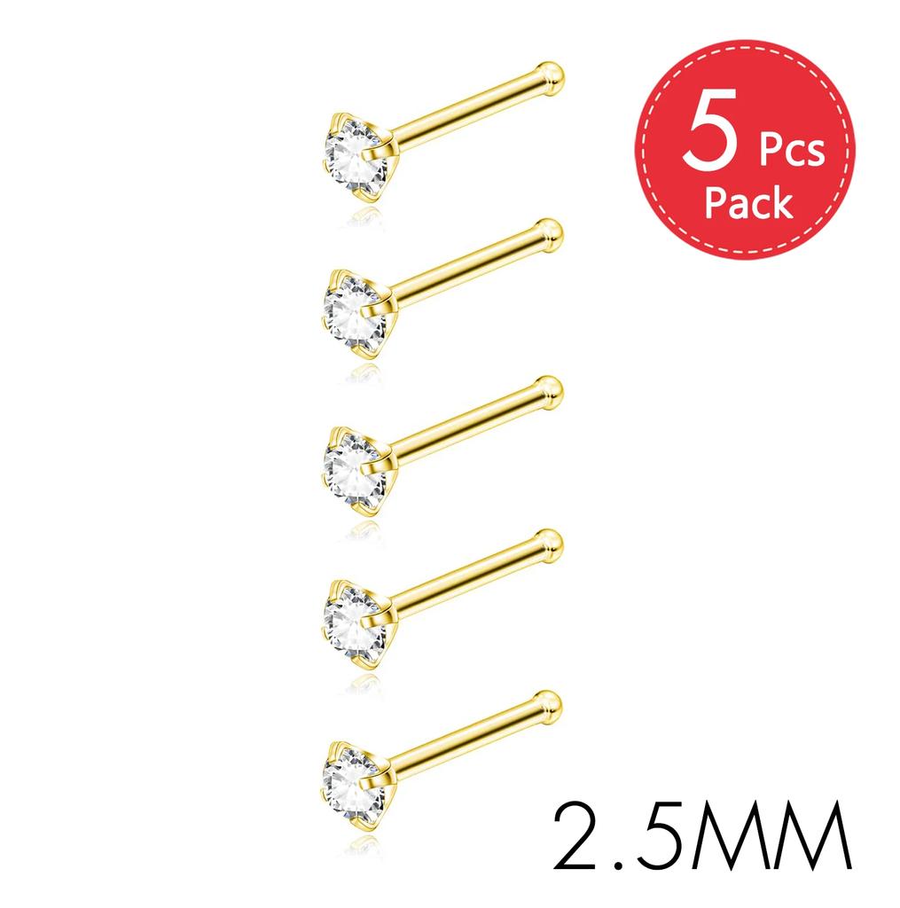 5Pcs CZ Gem Stainless Steel Nose Piercing Stud Crystal Nariz Body Jewelry S L Bone Shape Nostril Rings for Women Girl 20g 0.8mm