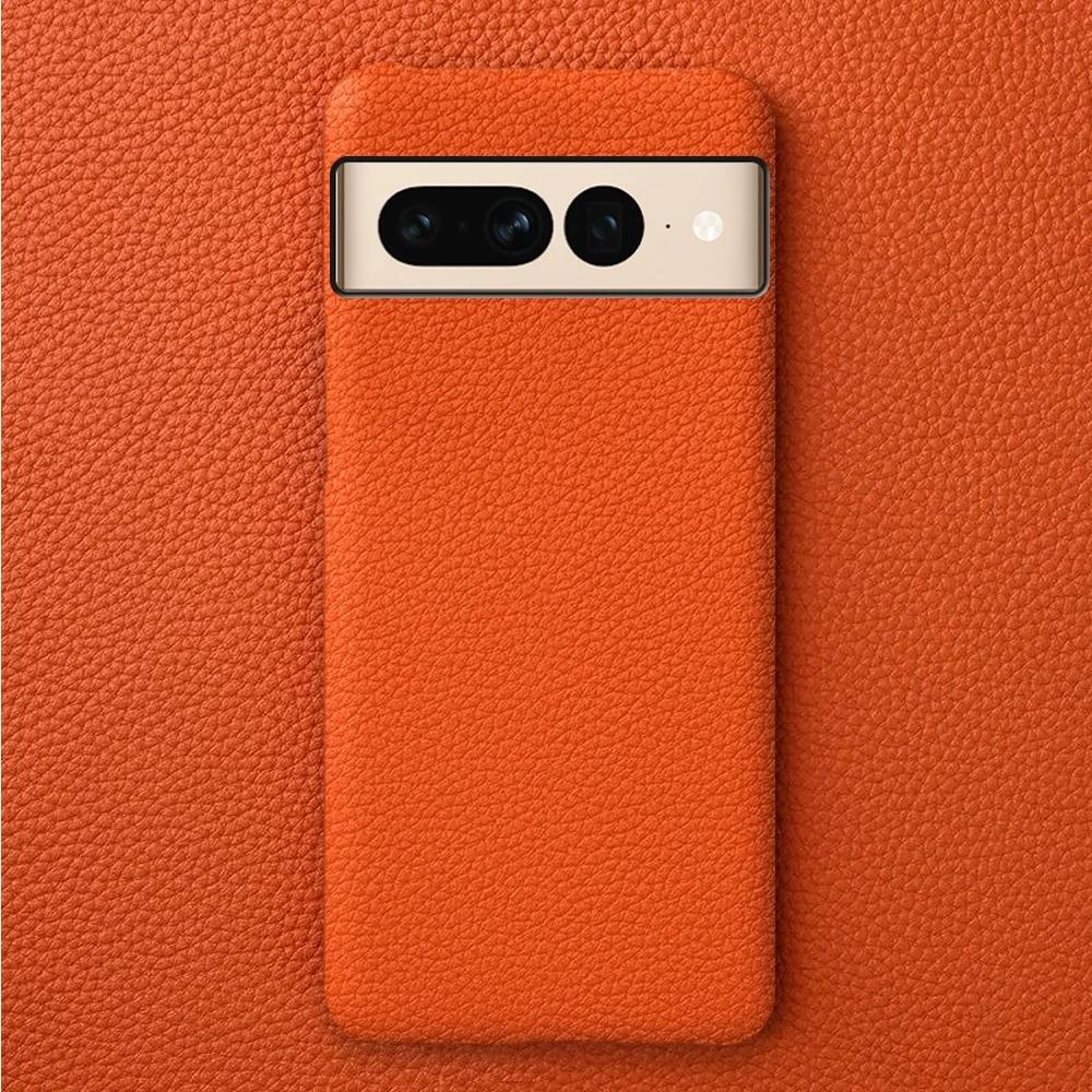 

Premium Cowhide Leather Phone Case for Google Pixel 8 Pro 9 Pro XL 8A 7 7A 6 6A 5A Luxury Litchi Design Hard PC Back Cover For Pixel 5 помаранчевий