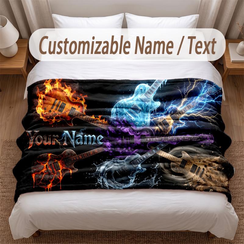 Music Guitar Theme Soft Blanket Personalized Custom Name Text Print Warm Blanket Home Sofa Bedroom Decor