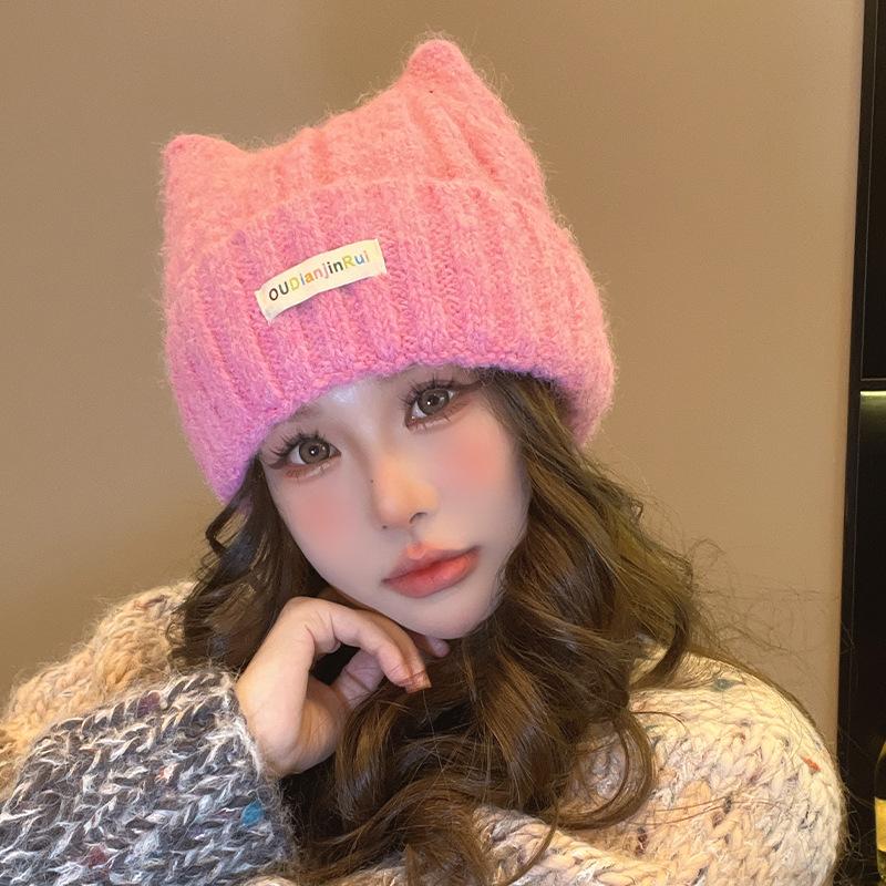 Japanese Cat Ear Woolen Hat for Women In Autumn and Winter Warm and Cute Knitted Hat Korean Style Casual All Match Pullover Cold Hat