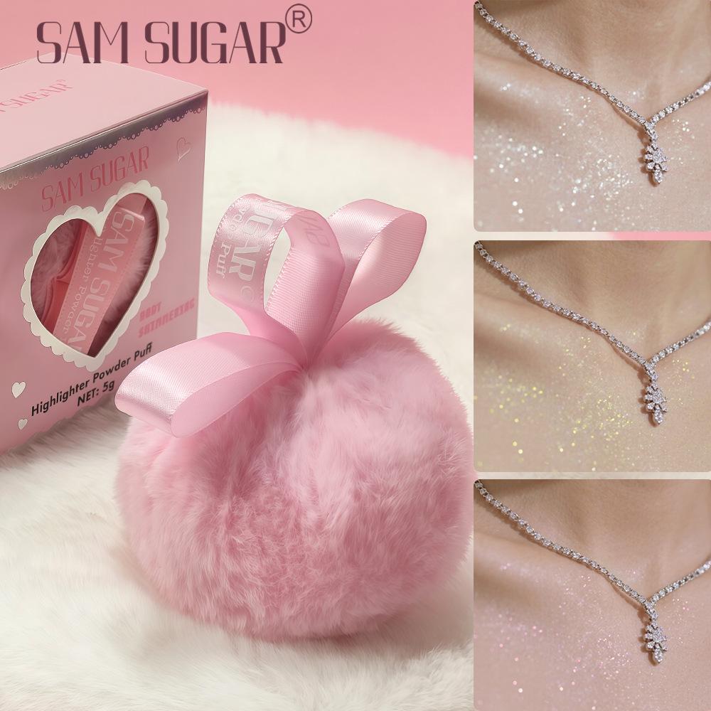 Pink Peach Shining Powder High Glitter Makeup for Face Body Collarbone Highlighting with Soft Puff Multi Use Cosmetic