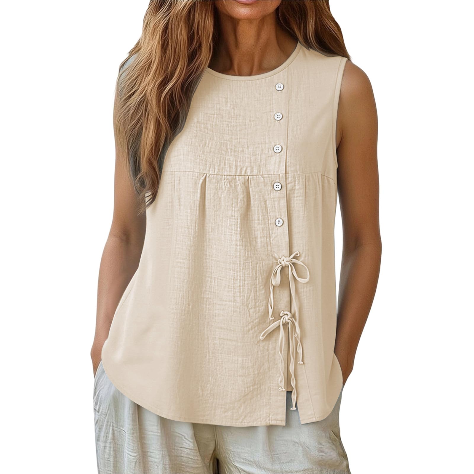 

Женские Свободные Безрукавные Блузки Повседневные Льняные Топы на Бретельках с Завязками по Бокам L бежевый
