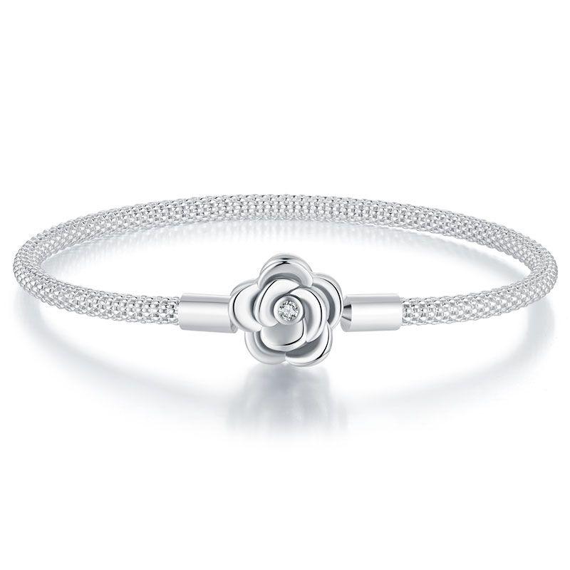 WOSTU 925 Sterling Silver Vintage Rose Flower Love Heart Bangle Bracelet Fit DIY Bracelets Women Valentine Mother's Day Gift