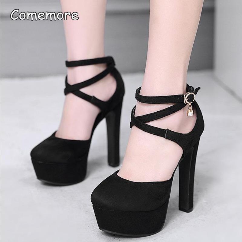 Zapatos de Salón de Tacón Alto de Piel de Ante Negra de 14 CM con Correas Cruzadas en el Tobillo Sandalias de Plataforma para Mujer Moda Primavera Otoño Elegantes